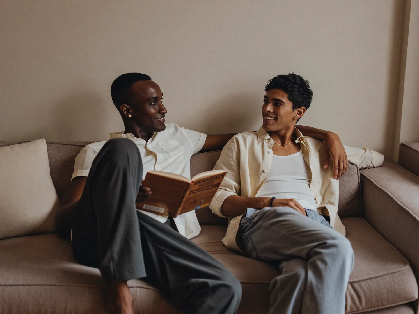 Two men sitting close together with an open book.