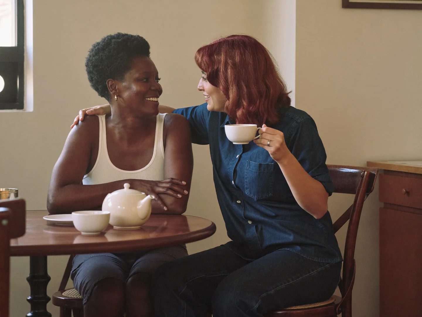 Two women sharing tea at a kitchen table.