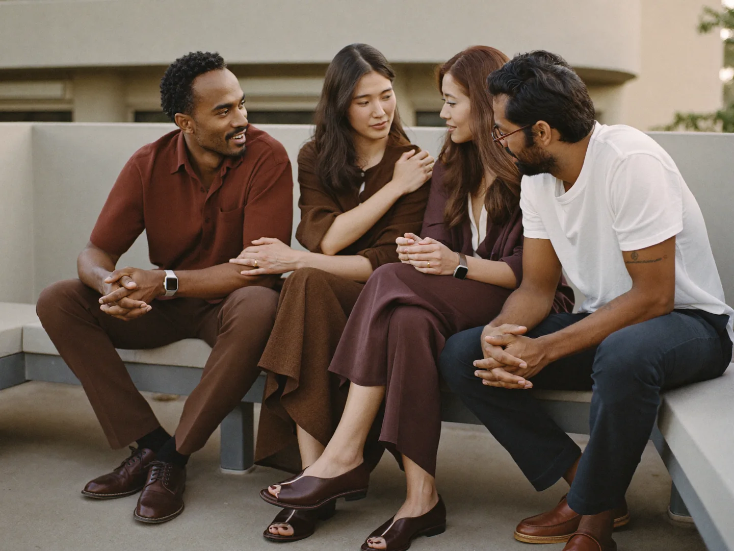 Four adults sitting together in conversation on a terrace.