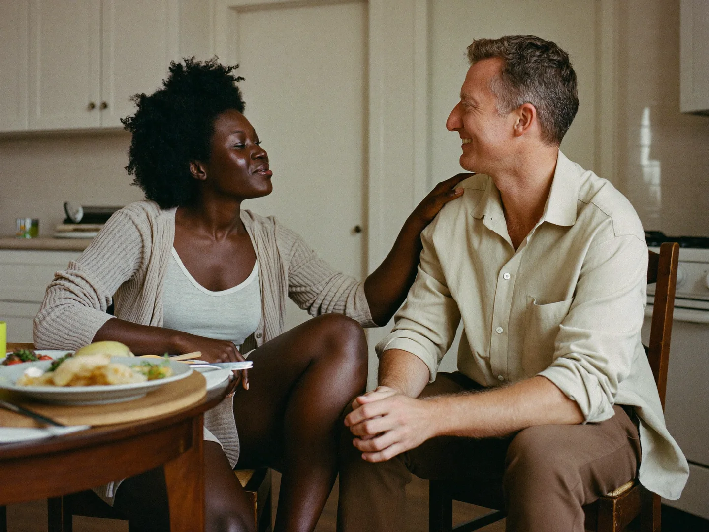 A woman and man sharing a conversation at their kitchen table.